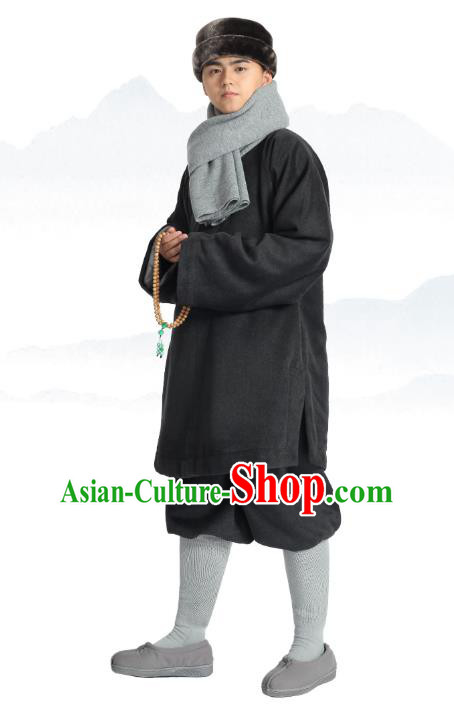 Chinese Traditional Monk Winter Deep Grey Costume Lay Buddhist Clothing Meditation Garment Shirt and Pants for Men