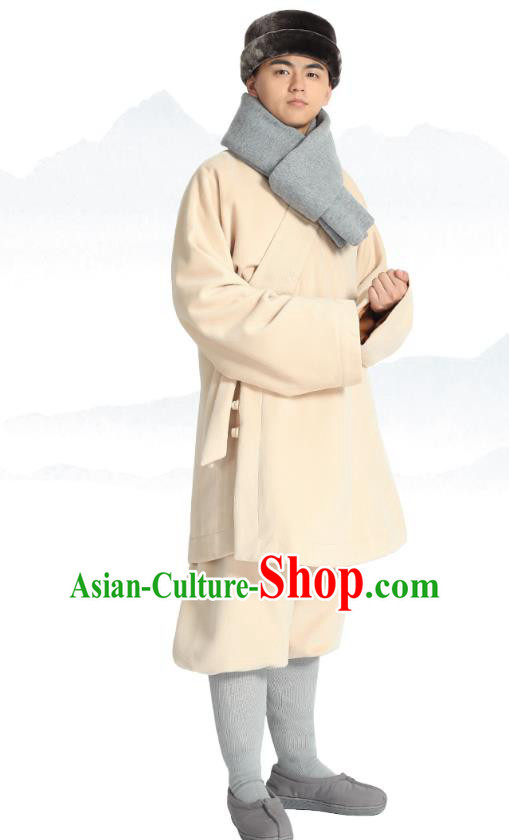 Chinese Traditional Monk Winter Beige Costume Lay Buddhist Clothing Meditation Garment Shirt and Pants for Men