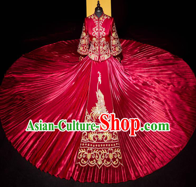 Top Grade Chinese Ancient Bride Xiuhe Suit Toast Red Dress Traditional Wedding Embroidered Phoenix Costumes for Women