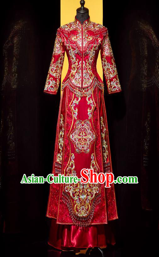 Top Grade Chinese Ancient Bride Beads Tassel Xiuhe Suit Toast Red Dress Traditional Wedding Costumes for Women