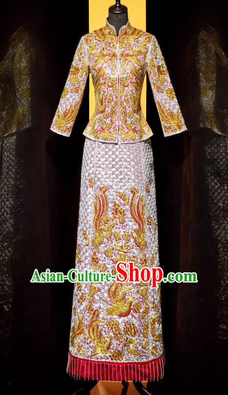 Top Grade Chinese Ancient Bride Embroidered Phoenix Xiuhe Suit Toast Pink Dress Traditional Wedding Costumes for Women