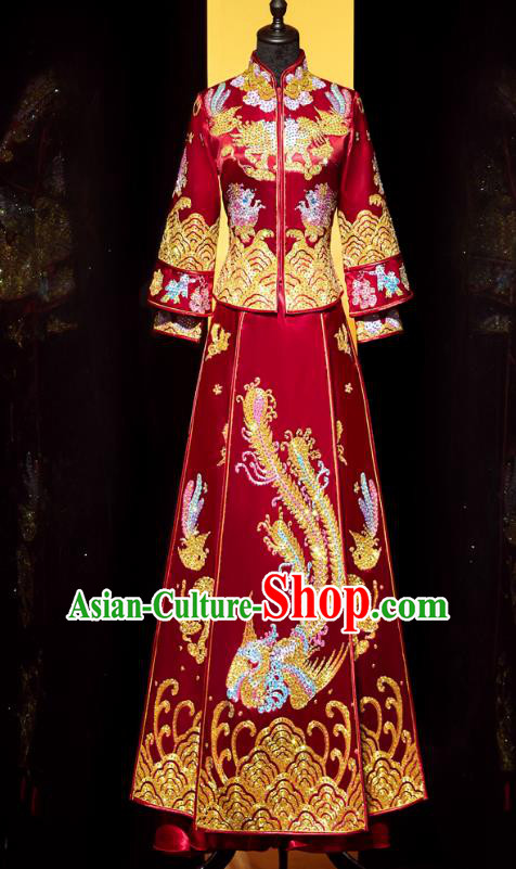 Top Grade Chinese Ancient Bride Diamante Phoenix Xiuhe Suit Toast Red Dress Traditional Wedding Embroidered Costumes for Women