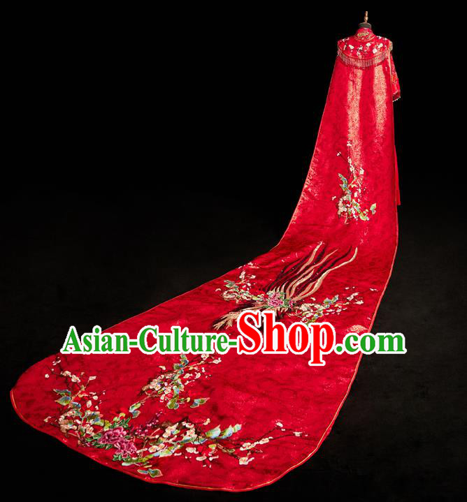 Top Grade Chinese Ancient Bride Embroidered Peony Red Cloak Traditional Wedding Cape Costumes for Women