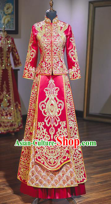 Top Grade Chinese Ancient Bride Diamante Crane Xiuhe Suit Traditional Wedding Embroidered Red Costumes for Women