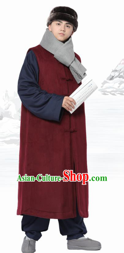 Chinese Traditional Winter Wine Red Long Vest Costume Meditation Garment Lay Buddhist Clothing for Men