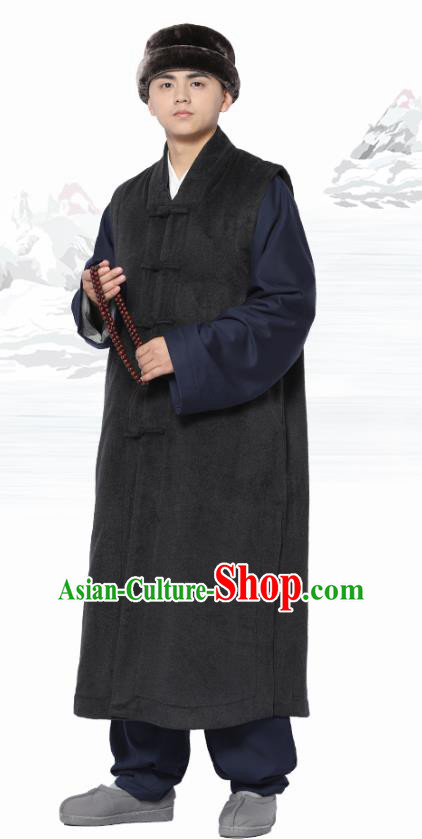 Chinese Traditional Winter Deep Grey Long Vest Costume Meditation Garment Lay Buddhist Clothing for Men