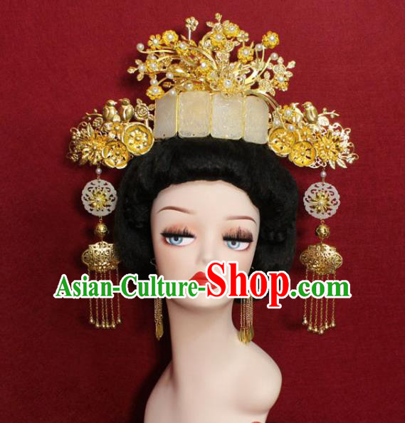 Traditional Handmade Chinese Ancient Queen Hair Accessories Jade Phoenix Coronet Hair Jewelry Hair Fascinators for Women