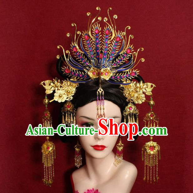 Traditional Handmade Chinese Ancient Queen Hair Accessories Cloisonn Phoenix Coronet Hair Jewelry Hair Fascinators Tassel Hairpins for Women