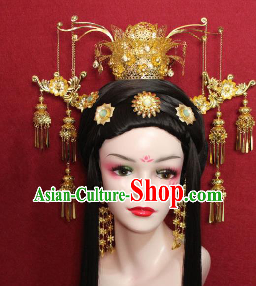 Traditional Chinese Ancient Golden Hair Accessories Phoenix Coronet Handmade Hair Jewelry Hair Fascinators Tassel Hairpins for Women