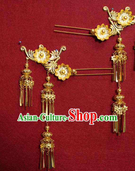 Traditional Chinese Ancient Golden Hair Accessories Phoenix Coronet Handmade Hair Jewelery Hair Fascinators Tassel Hairpins for Women