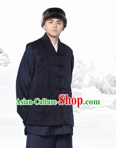 Chinese Traditional Winter Navy Vest Costume Meditation Garment Lay Buddhist Waistcoat for Men
