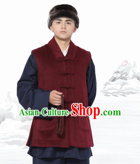 Chinese Traditional Winter Wine Red Vest Costume Meditation Garment Lay Buddhist Waistcoat for Men