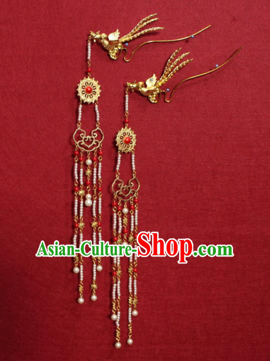 Traditional Chinese Handmade Ancient Ming Dynasty Princess Hair Accessories Golden Phoenix Tassel Hairpin for Women