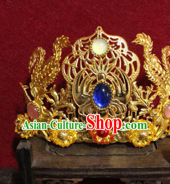 Traditional Chinese Handmade Blue Crystal Hair Crown Ancient Princess Hair Accessories Hairpin Golden Hair Comb for Women