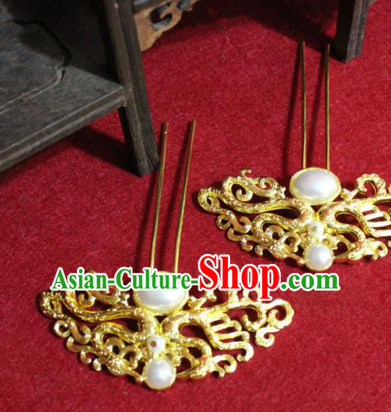 Traditional Chinese Handmade Hair Clips Ancient Princess Hair Accessories Pearl Hairpin Golden Hair Stick for Women