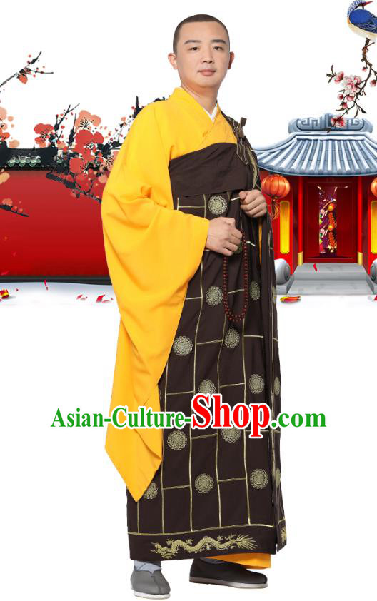 Chinese Traditional Monk Lucky Character Kasaya Costume Meditation Vestment Garment Buddhist Brown Cassock for Men