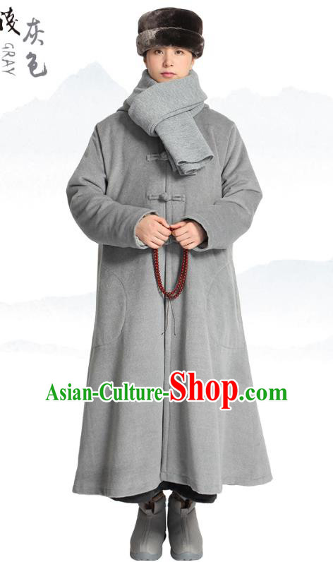 Chinese Traditional Winter Grey Woolen Cloak Costume Lay Buddhist Clothing Meditation Garment Dust Coat for Men