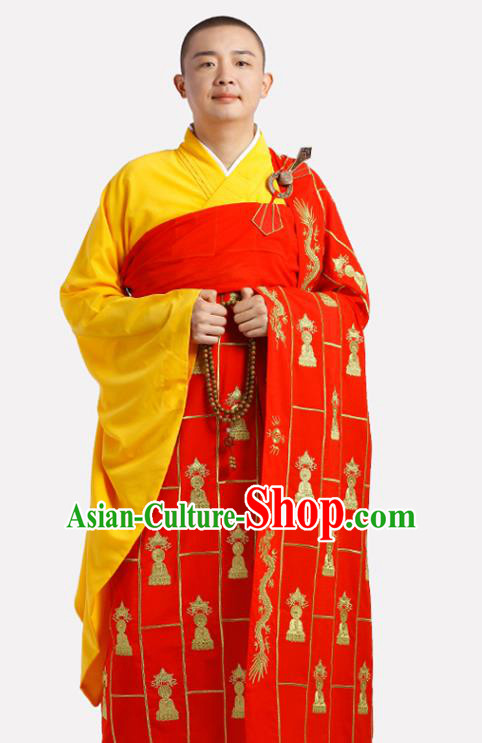 Chinese Traditional Monk Thousand Buddhas Pattern Kasaya Meditation Vestment Garment Buddhist Red Cassock Costume for Men