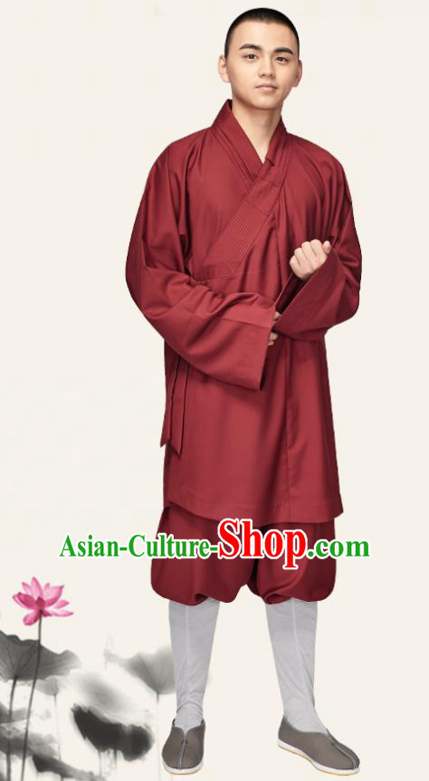 Chinese Traditional Monk Dark Red Flax Short Gown and Pants Meditation Garment Buddhist Bonze Costume for Men