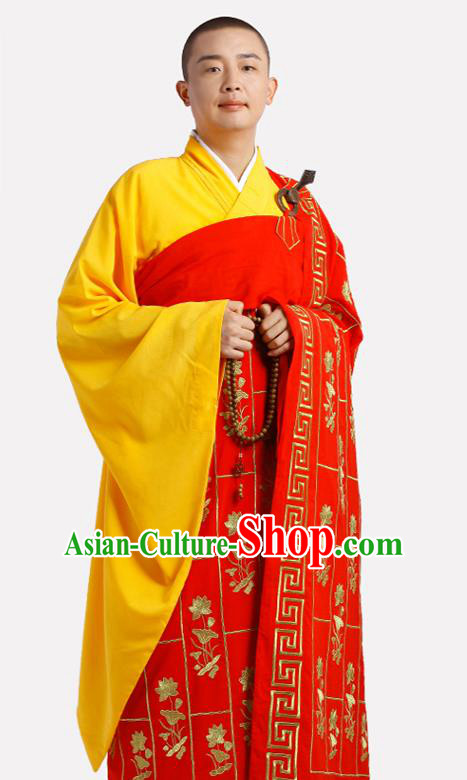 Chinese Traditional Monk Lotus Pattern Red Kasaya Meditation Vestment Garment Buddhist Cassock Costume for Men