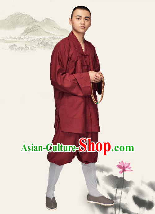 Chinese Traditional Meditation Garment Buddhist Bonze Costume Monk Dark Red Short Gown and Pants for Men