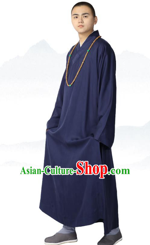 Chinese Traditional Buddhist Bonze Costume Meditation Garment Monk Navy Robe Frock for Men