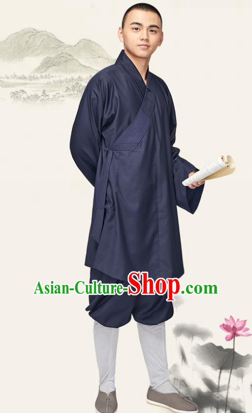 Chinese Traditional Monk Navy Gown and Pants Buddhist Bonze Costume Meditation Garment for Men