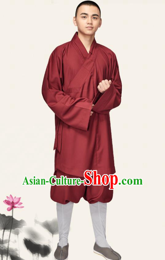 Chinese Traditional Monk Purplish Red Gown and Pants Buddhist Bonze Costume Meditation Garment for Men