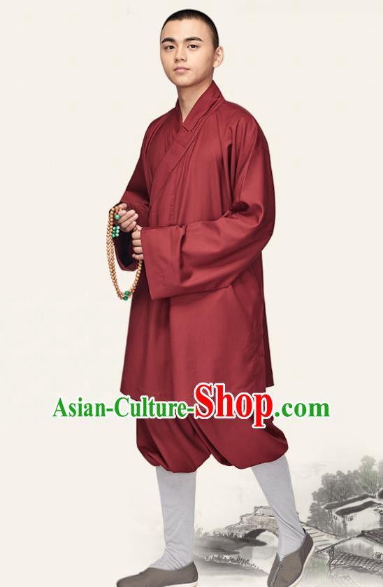 Chinese Traditional Monk Purplish Red Gown and Pants Buddhist Bonze Costume Meditation Garment for Men