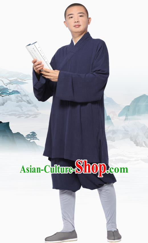 Chinese Traditional Monk Navy Short Gown and Pants Meditation Garment Buddhist Costume for Men