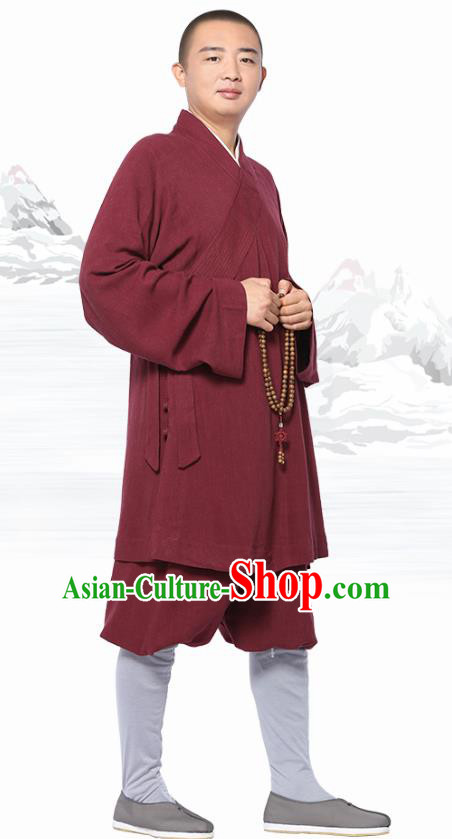 Chinese Traditional Monk Wine Red Short Gown and Pants Meditation Garment Buddhist Costume for Men