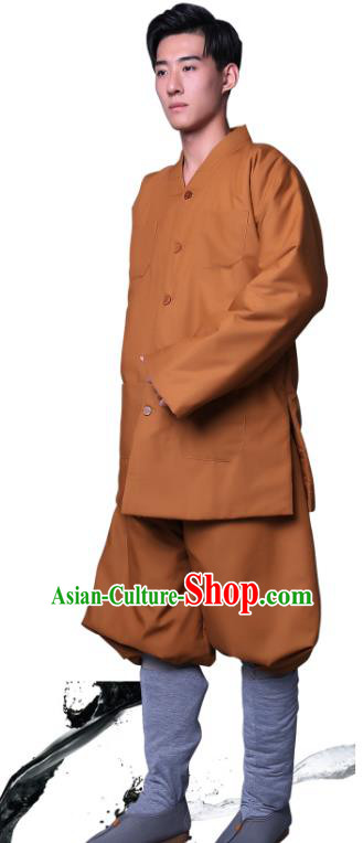 Chinese Winter Buddhist Monk Costume Traditional Meditation Garment Bonze Clothing Ginger Cotton Wadded Coat and Pants for Men