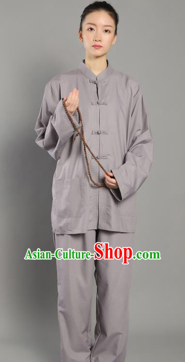 Chinese Lay Buddhist Dress Costume Traditional Meditation Garment Clothing Grey Blouse and Pants for Women