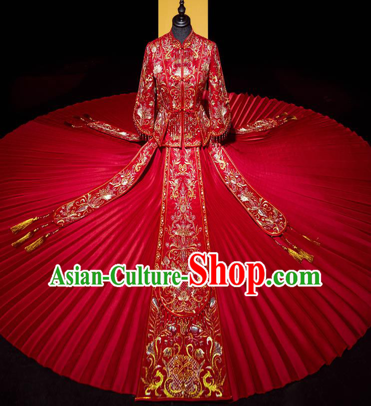 Top Grade Chinese Traditional Wedding Costumes Ancient Bride Red Beads Tassel Xiuhe Suit Toast Dress for Women