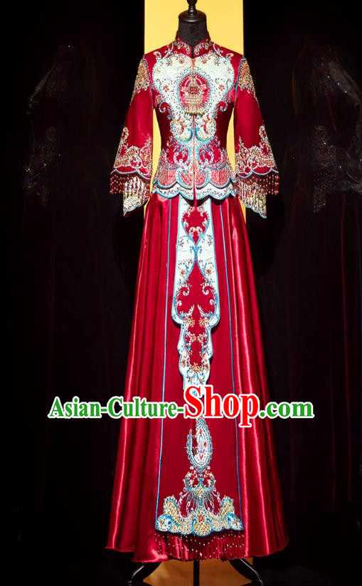 Top Grade Chinese Traditional Wedding Embroidered Costumes Ancient Bride Xiuhe Suit Toast Red Beads Tassel Dress for Women