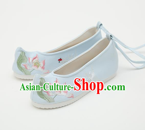 Chinese Handmade Blue Embroidered Shoes Traditional Ming Dynasty Female Bow Shoes Hanfu Shoes Ancient Princess Shoes