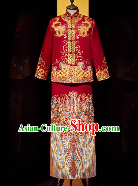 Chinese Bridegroom Costume Traditional Wedding Garment Clothing Tang Suit Mandarin Jacket and Robe for Men