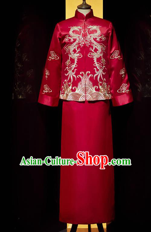 Chinese Bridegroom Embroidered Costume Traditional Wedding Garment Clothing Tang Suit Red Mandarin Jacket and Robe for Men