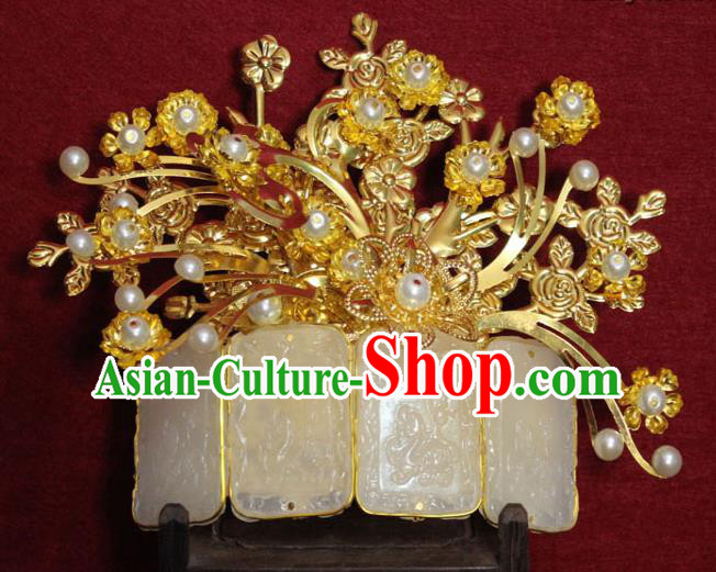 Traditional Chinese Handmade Jade Hair Crown Ancient Princess Hair Accessories Golden Hairpin Hair Comb for Women