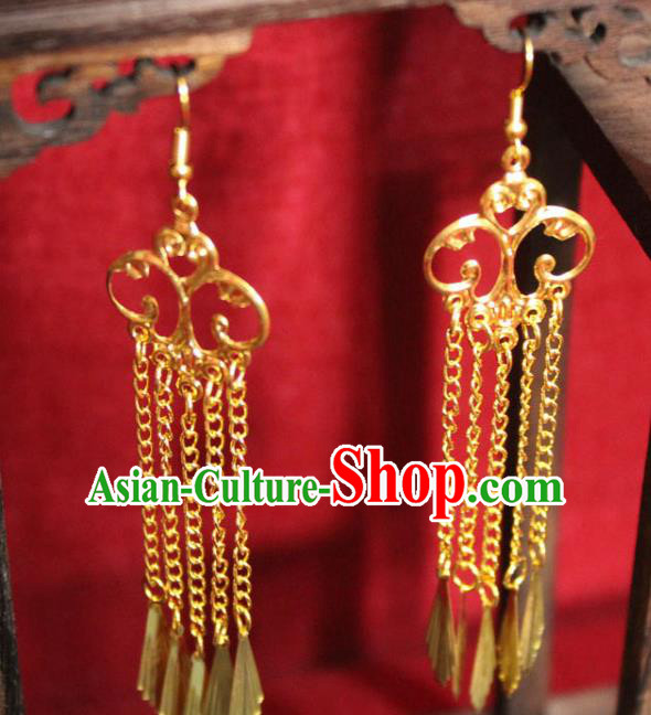 Traditional Chinese Ancient Princess Golden Tassel Earrings Handmade Jewelry Accessories Eardrop for Women