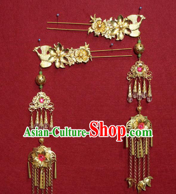 Traditional Chinese Handmade Golden Flowers Hairpins Ancient Queen Hair Accessories Tassel Hair Clip for Women