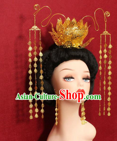 Traditional Chinese Ancient Empress Golden Lotus Tassel Phoenix Coronet Handmade Hair Jewelry Hair Accessories Hair Fascinators for Women