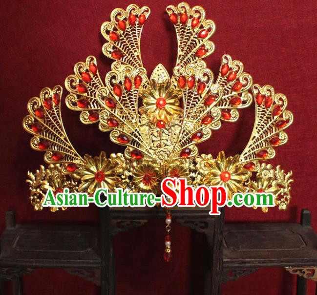 Traditional Chinese Handmade Red Crystal Phoenix Hairpins Ancient Queen Golden Tassel Hair Crown Hair Accessories for Women