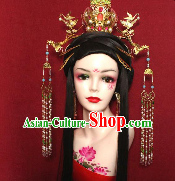 Traditional Chinese Ancient Empress Carnelian Phoenix Coronet Handmade Hair Jewelry Hair Accessories Tassel Hairpins Complete Set for Women