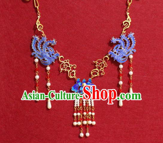 Traditional Chinese Ancient Princess Necklace Handmade Jewelry Accessories Cloisonne Phoenix Pearls Tassel Necklet for Women