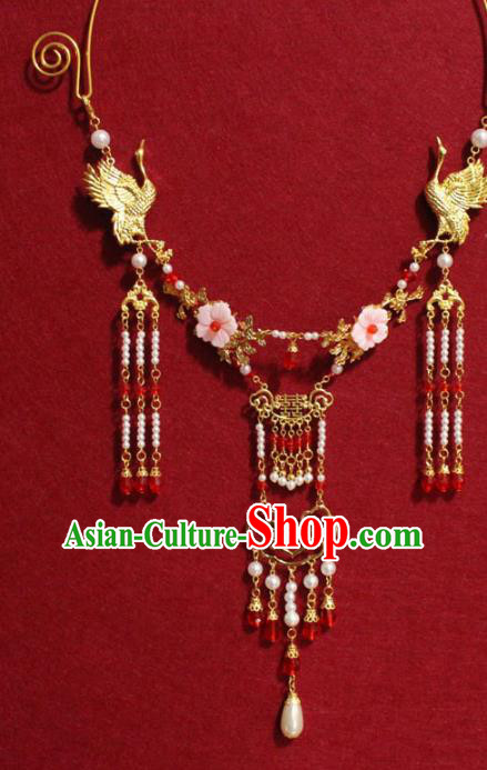 Traditional Chinese Ancient Princess Pearls Tassel Necklace Handmade Jewelry Accessories Golden Cranes Necklet for Women