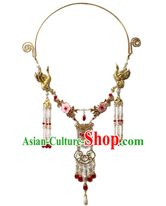 Traditional Chinese Ancient Princess Pearls Tassel Necklace Handmade Jewelry Accessories Golden Cranes Necklet for Women