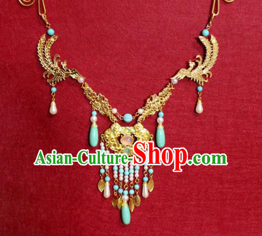 Traditional Chinese Ancient Princess Golden Phoenix Necklace Handmade Jewelry Accessories Longevity Lock Tassel Necklet for Women