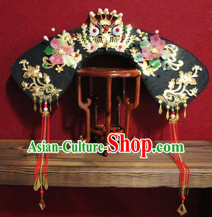 Chinese Ancient Qing Dynasty Queen Hair Jewelry Traditional Handmade Hairpins Hair Accessories Red Tassel Phoenix Coronet Complete Set