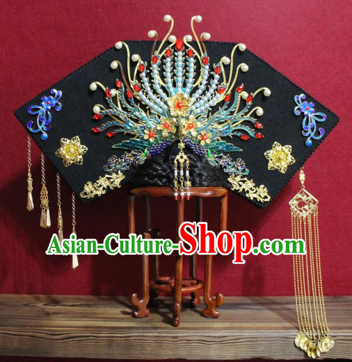 Chinese Ancient Qing Dynasty Queen Hair Jewelry Traditional Handmade Hairpins Hair Accessories Golden Tassel Phoenix Coronet Complete Set